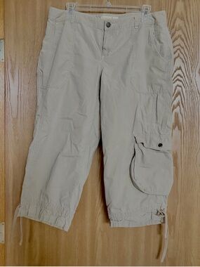 London Jean Chino Capri Cargo Pants 100% Cotton Size 14 Drawstring Beige Tan